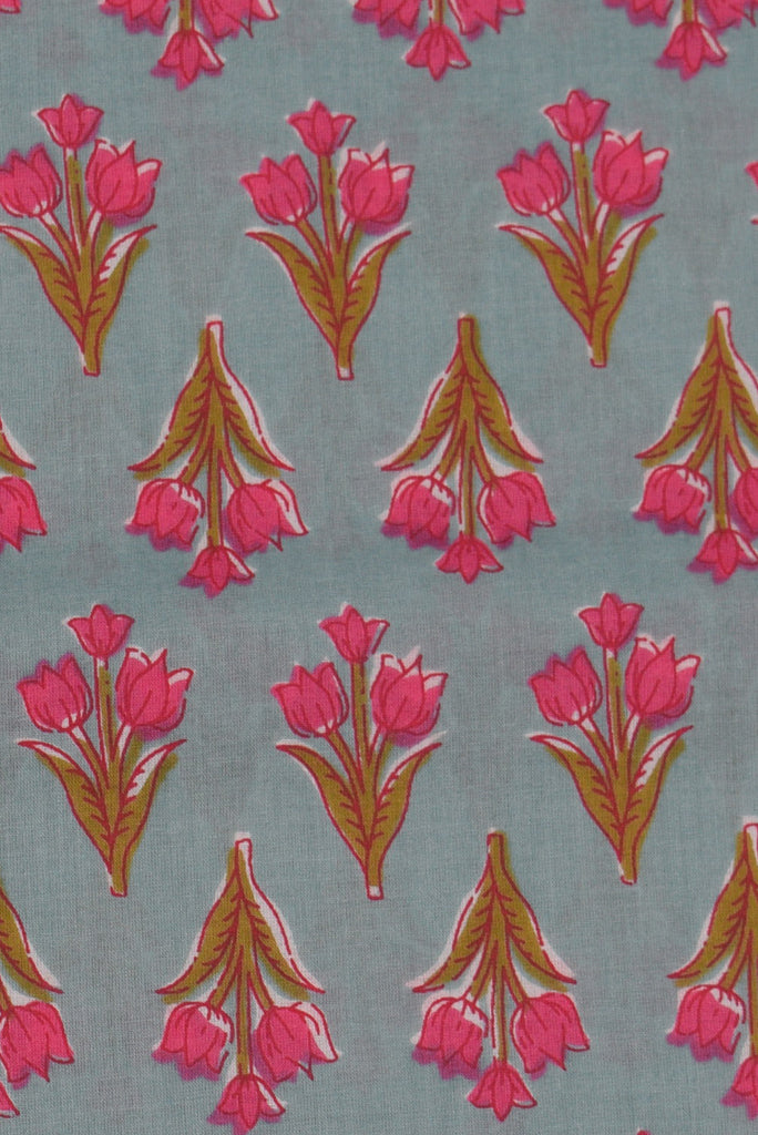 Gray & Pink Flower Print Cotton Fabric