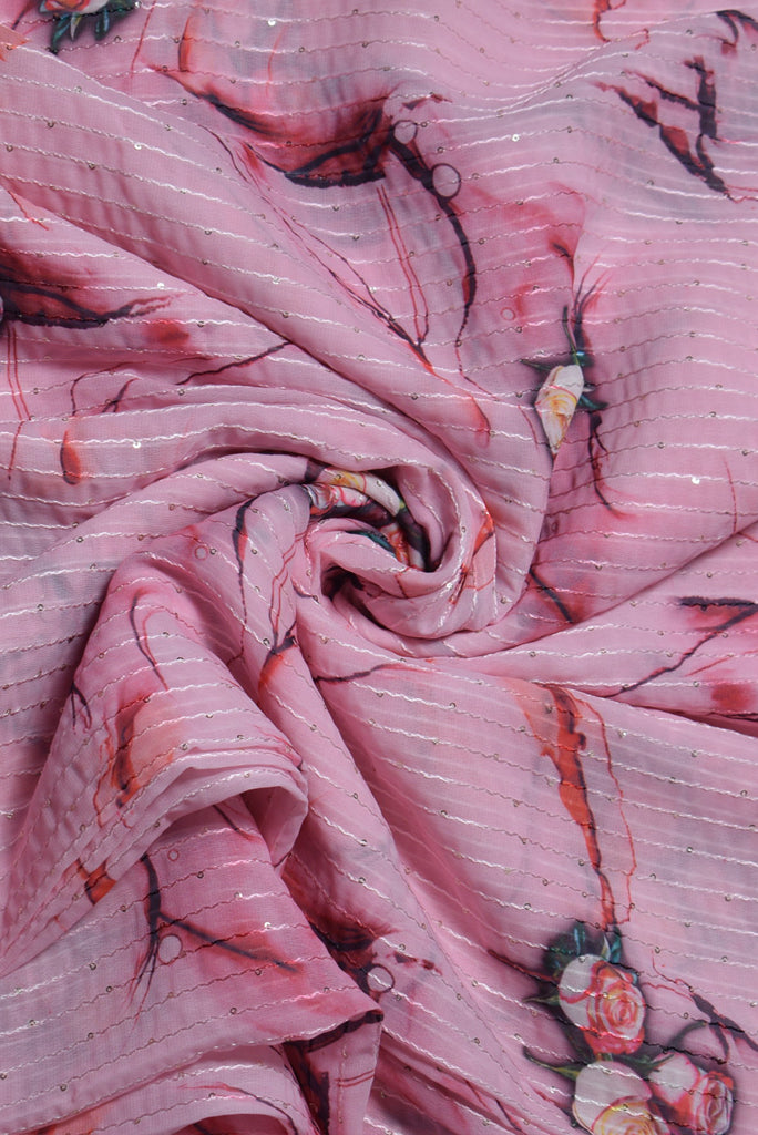 Pink Flower Print Sequence Work Digital Georgette Fabric