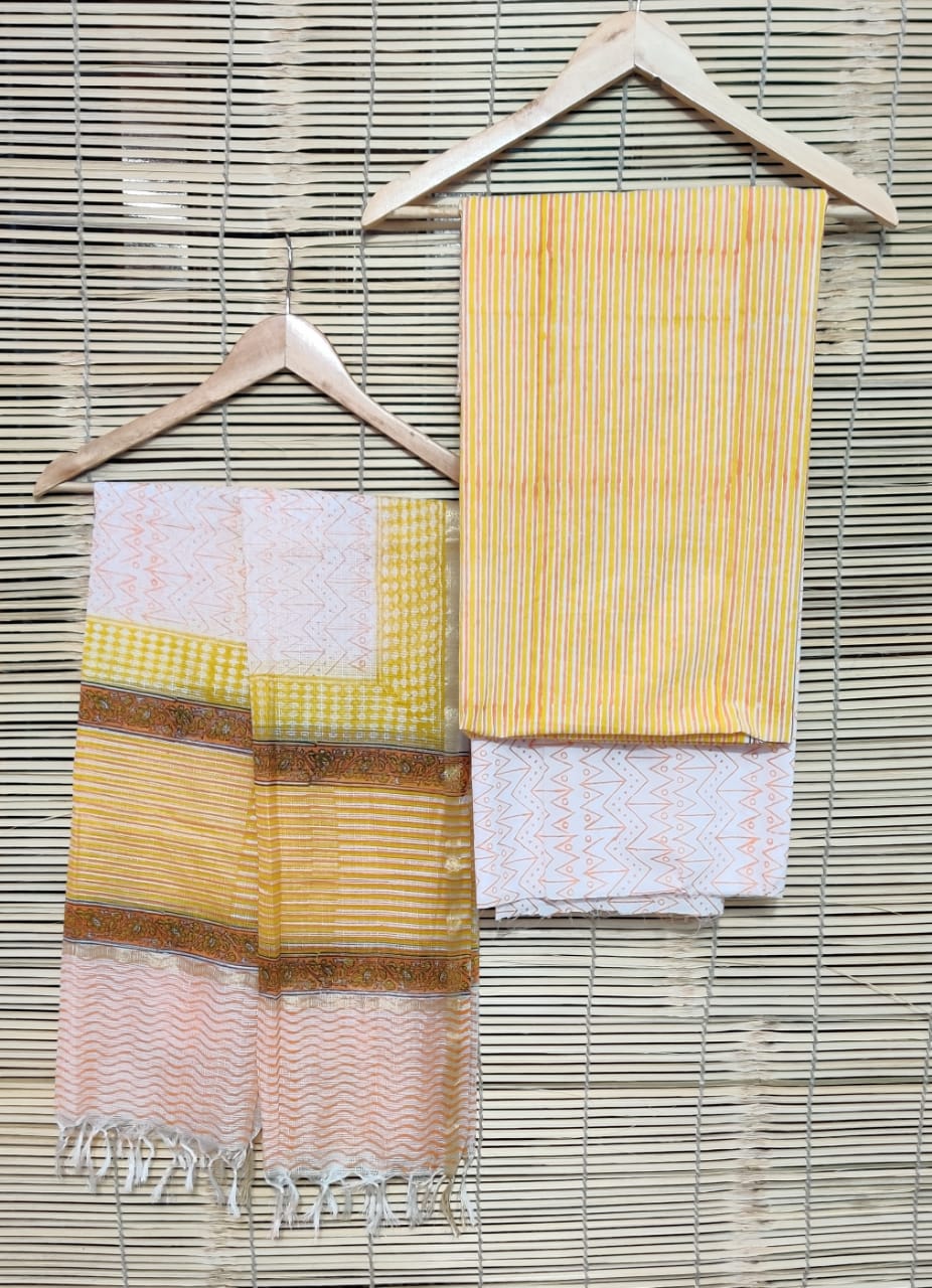 Yellow Strips Print Cotton Unstitched Suit Set with Kota Silk Dupatta