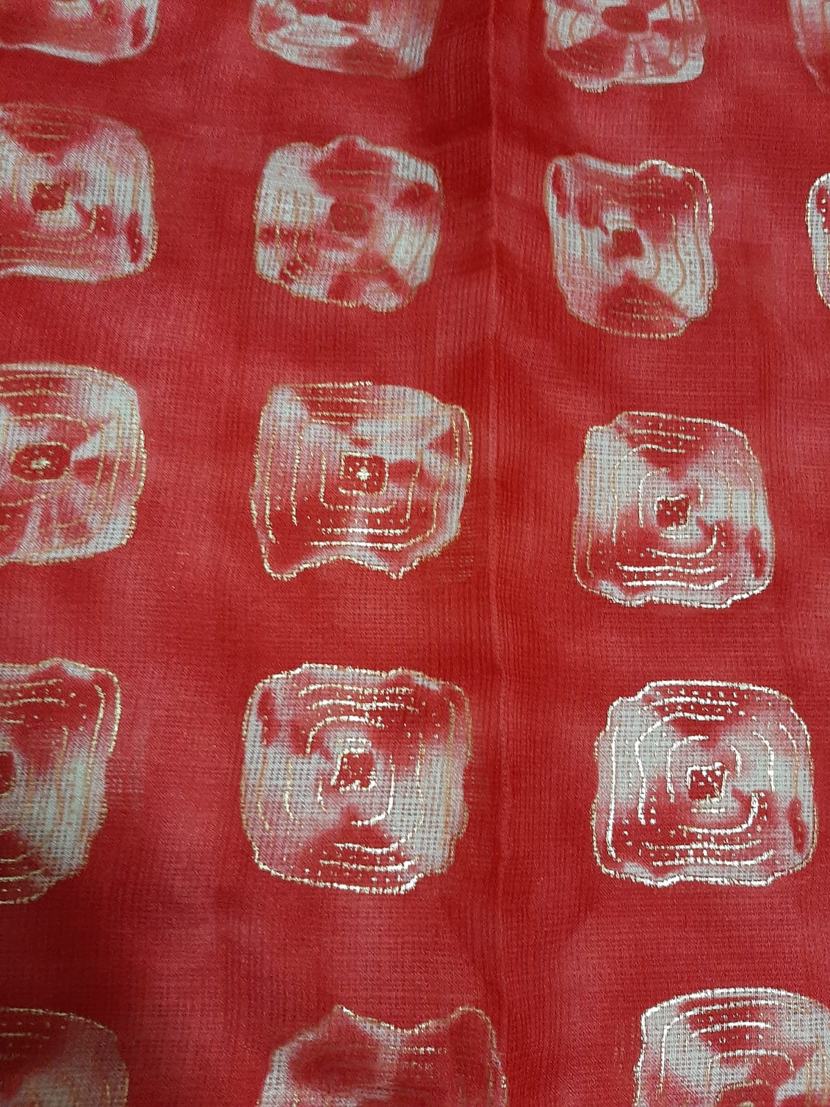 Red Gold Box Print Kota Doria Fabric