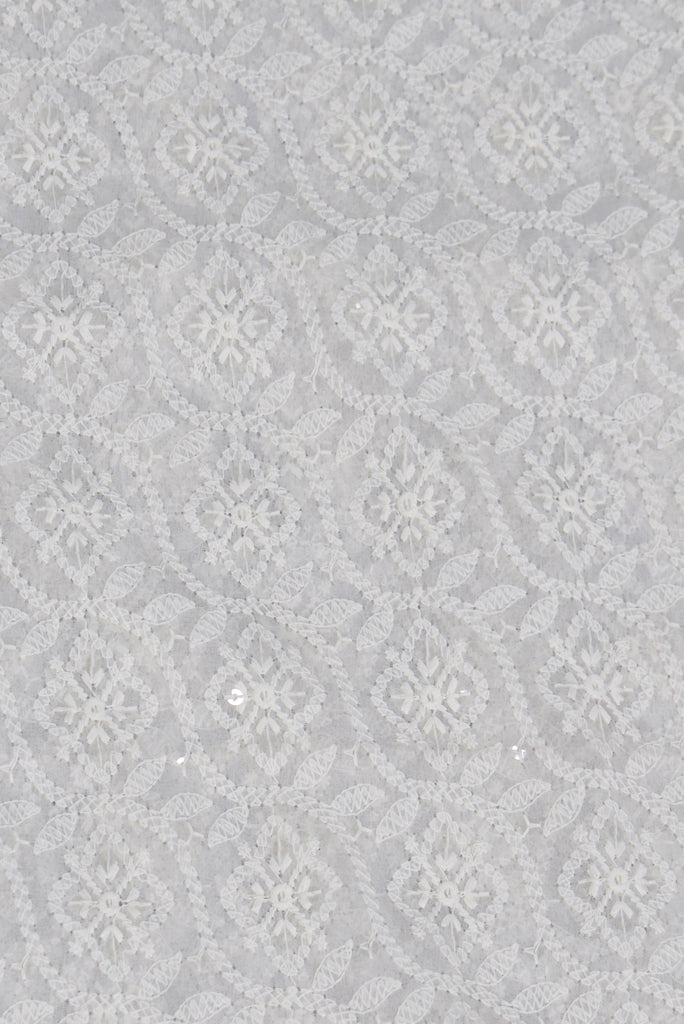 White Flower Print Kashida Work Georgette Fabric