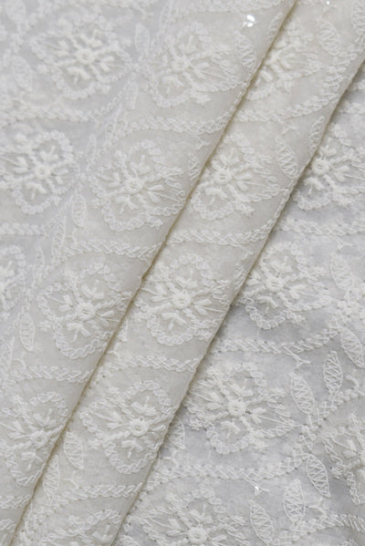 White Flower Print Kashida Work Georgette Fabric