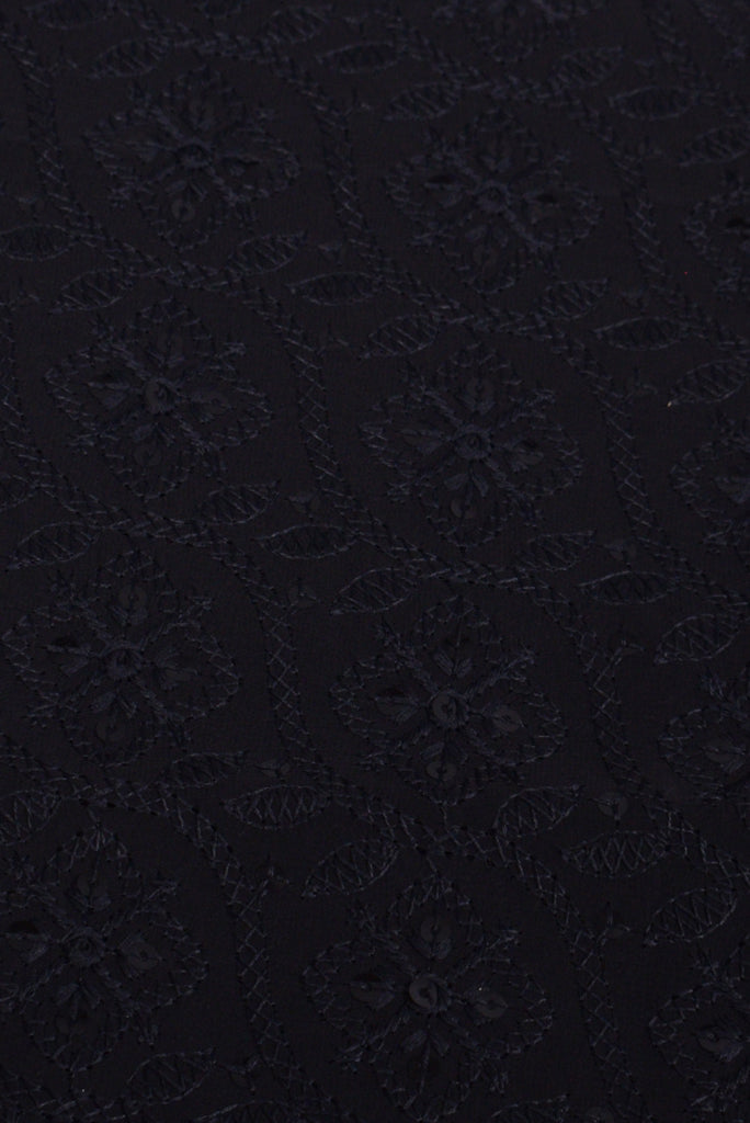 Black Flower Print Kashida Work Georgette Fabric