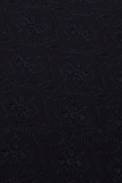 Black Flower Print Kashida Work Georgette Fabric