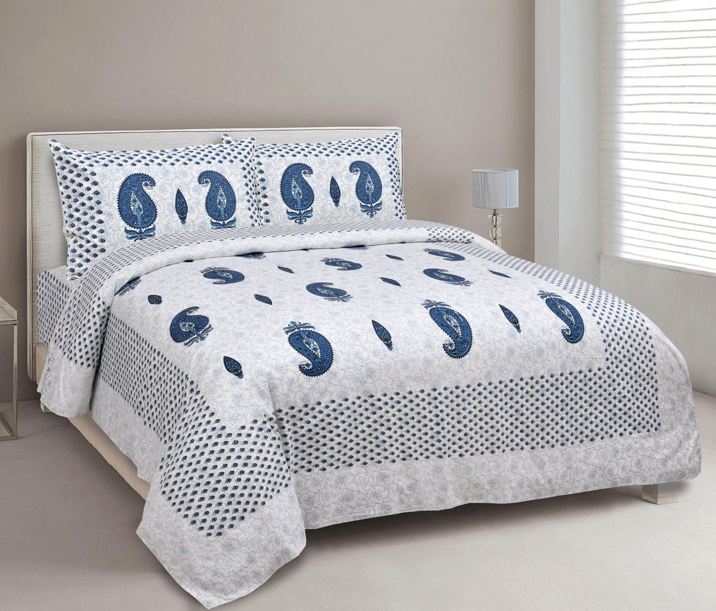 Very Beautiful White Base Blue Boota Print 100% Purer Cotton Bed Sheet