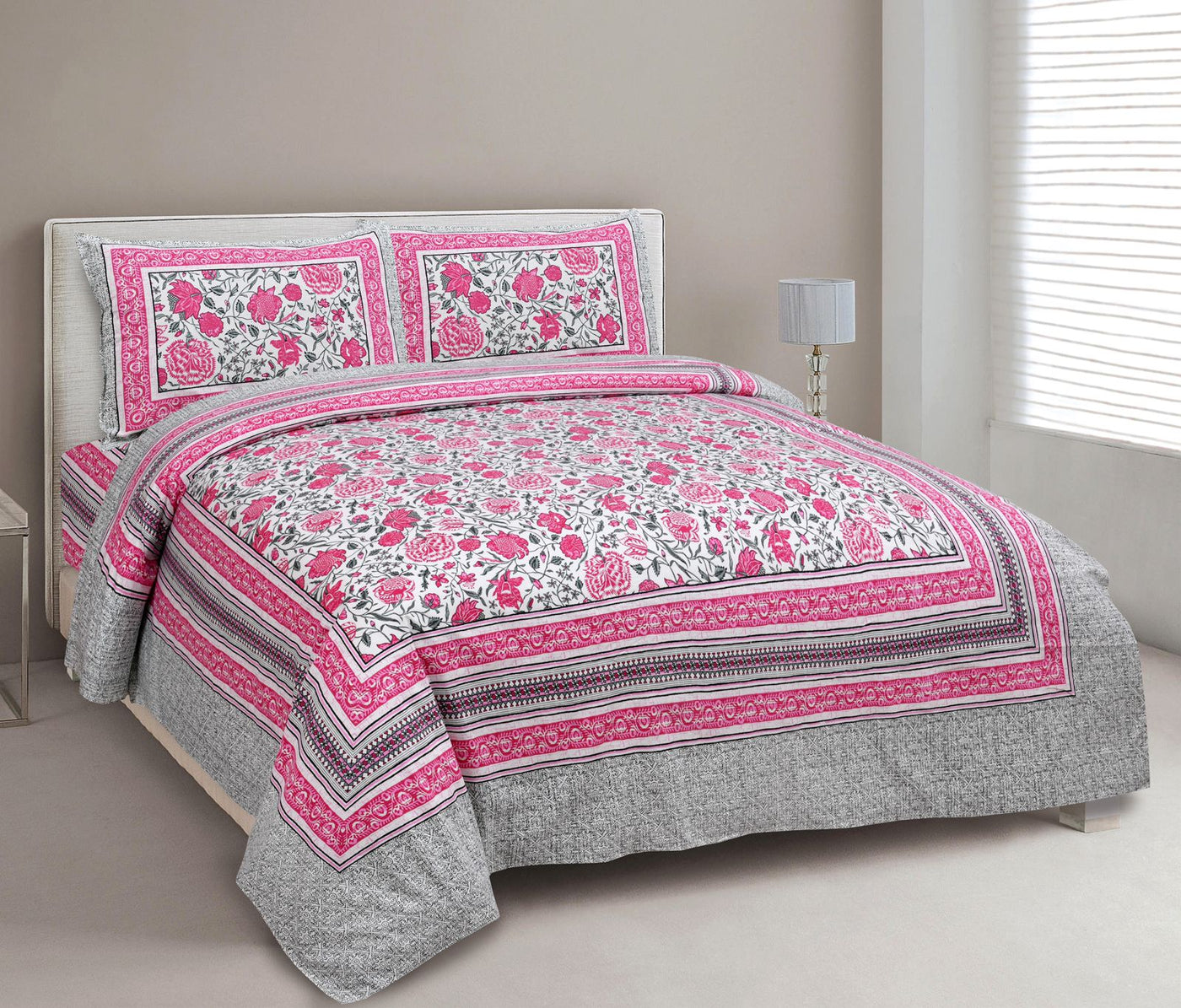 Very Beautiful  Pink & Grey All Over Floral Print 100% Purer Cotton Bed Sheet