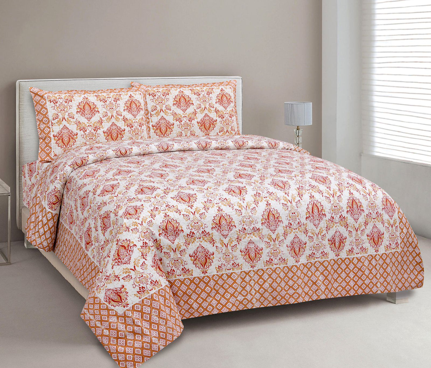 Vibrant  Peach and Orange All Over Boota Print 100% Pure Cotton Bed Sheet