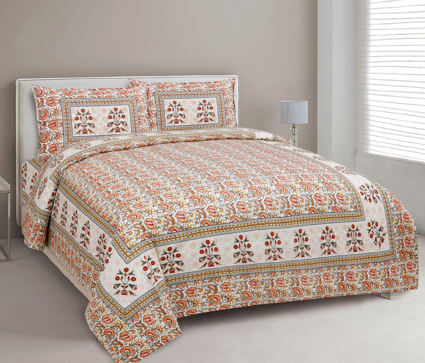 Designer All Over Printed Orange & Red Color 100% Pure Cotton Bed Sheet