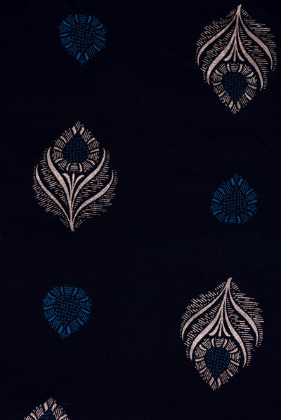 Navy Blue Flower Print Screen Cotton Printed Fabric