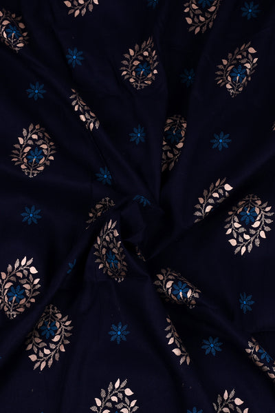 Navy Blue Flower Print Screen Cotton Printed Fabric