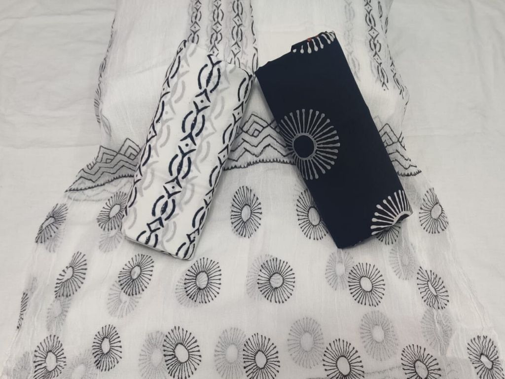 White & Black Printed Print Cotton Suit Set with Chiffon Dupatta