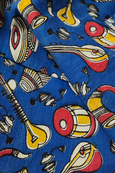 Blue Musical Instrument Print Kalamkari Fabric