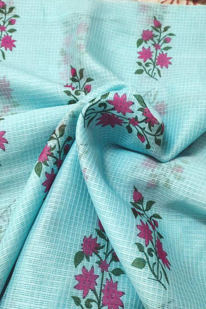 Light Blue Flower Print Kota Doria Fabric