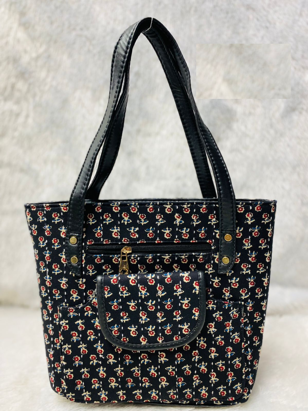 Black Flower Handblock Printed Cotton Handbag