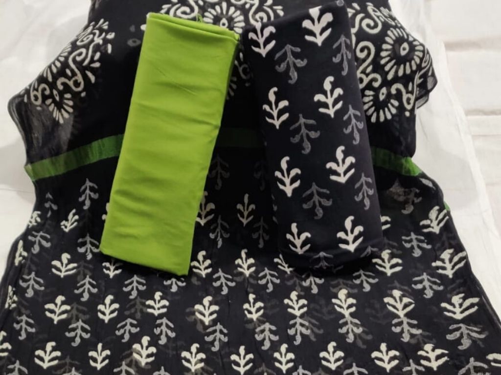 Black Leaf Print Cotton Suit Set with Chiffon Dupatta