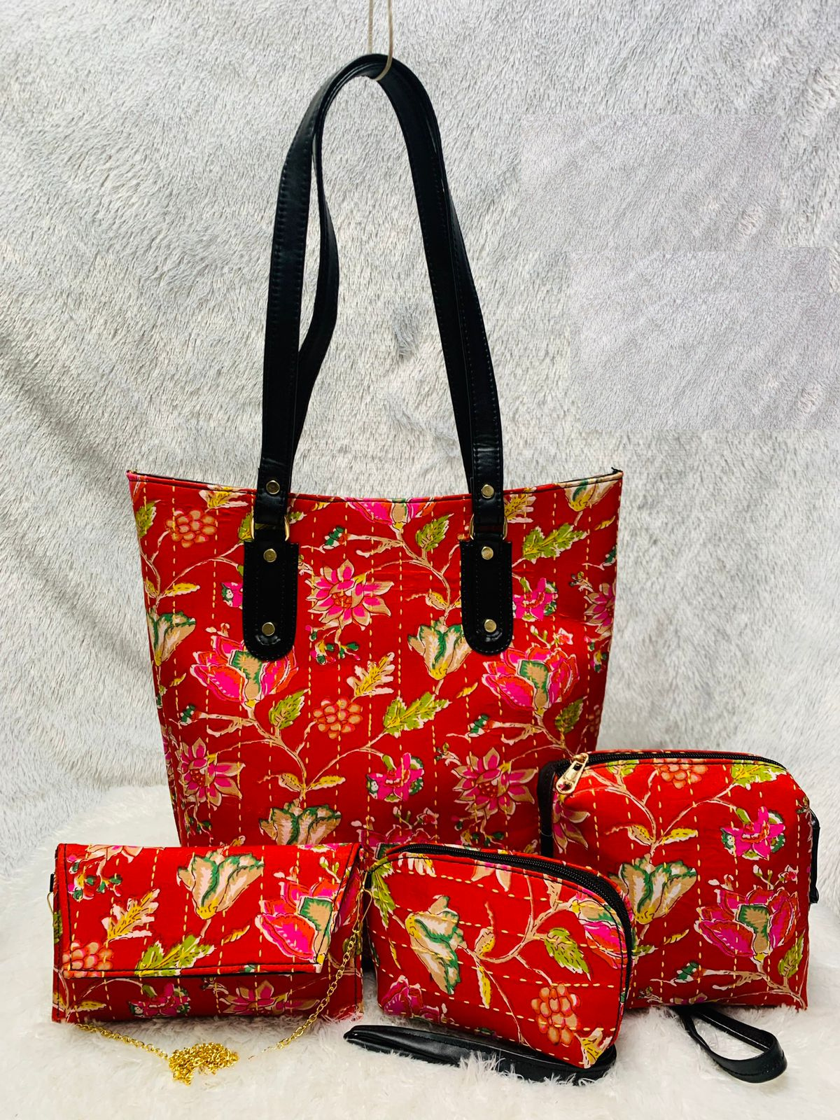 Red Flower Handblock Print Cotton Handbag Combos