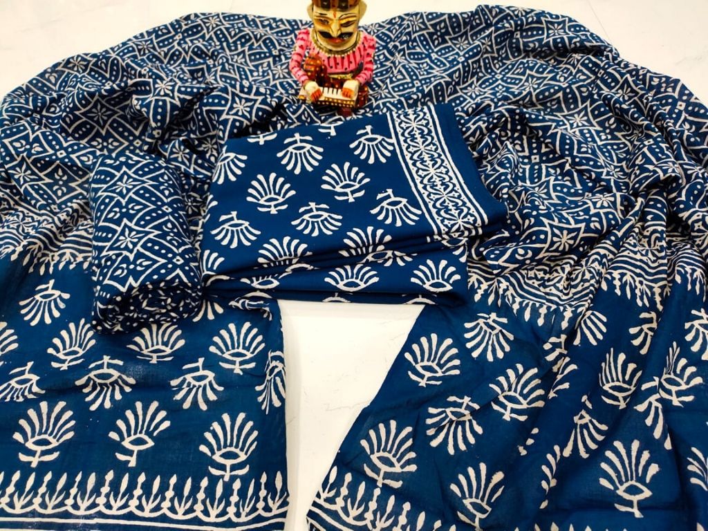 Blue Flower Print Cotton Suit Set with Cotton Duppatta