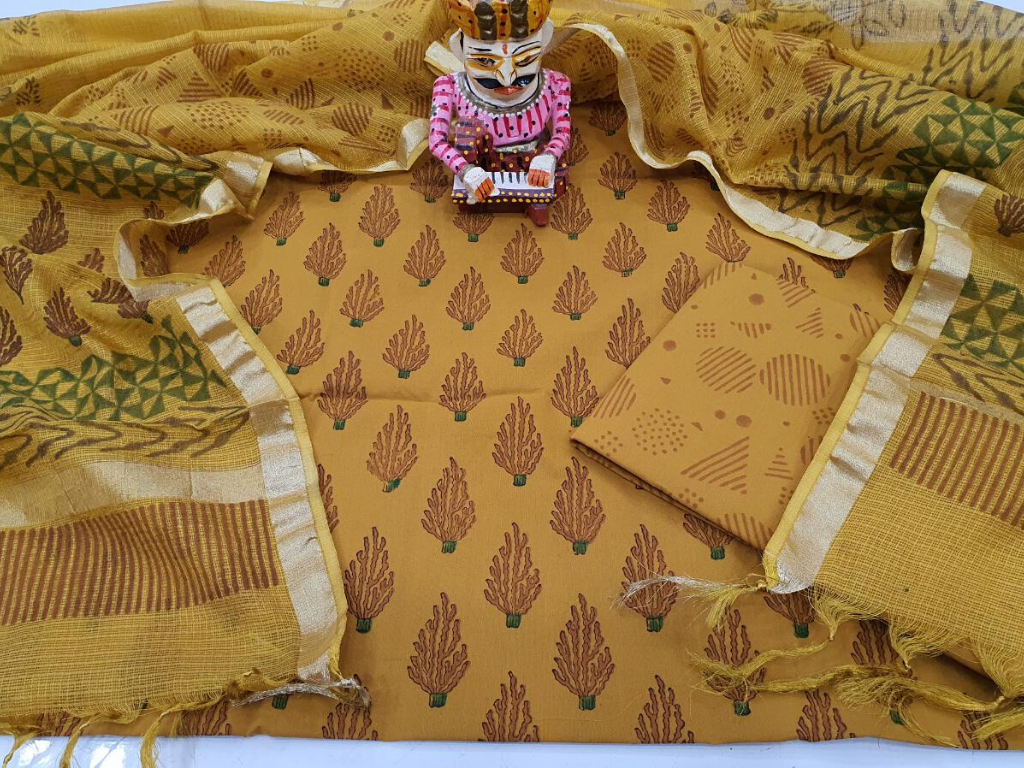 Brown Leaf Print Chanderi Silk Unstitched Suit Set with Chanderi Silk Dupatta
