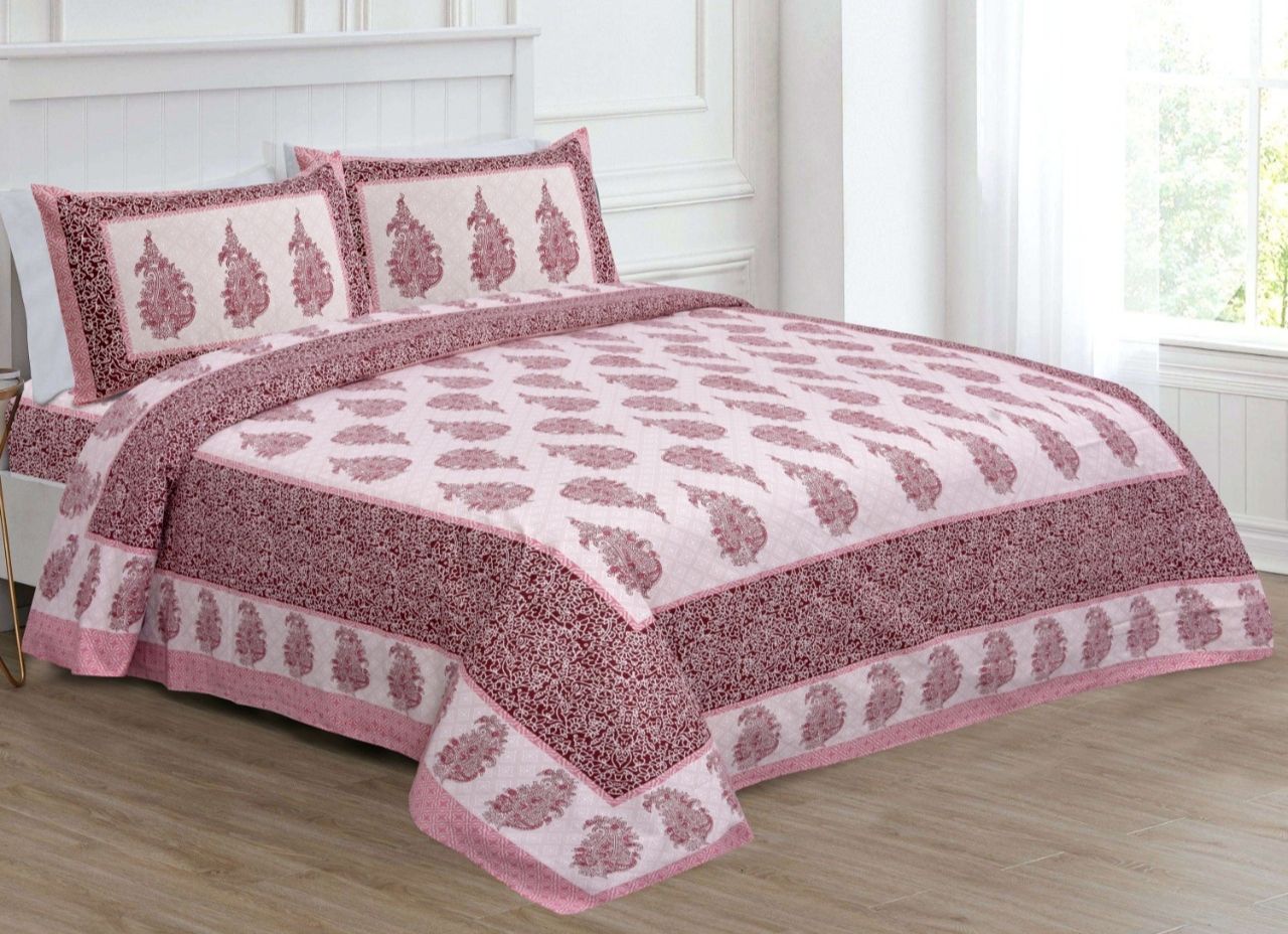 Pink Butta Printed King Size Cotton Bed Sheet