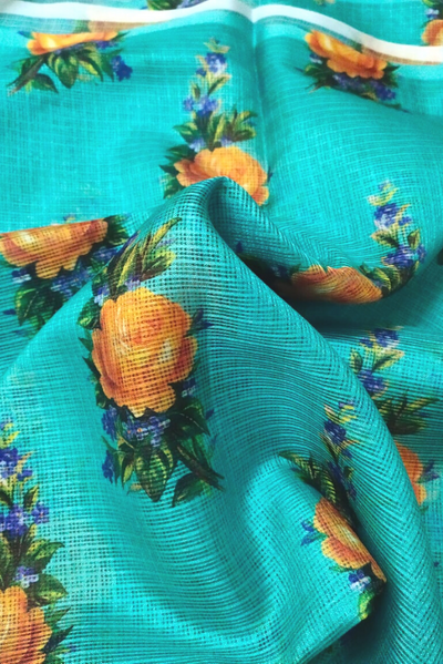 Sky Blue Flower Print Gold Kota Doria Fabric
