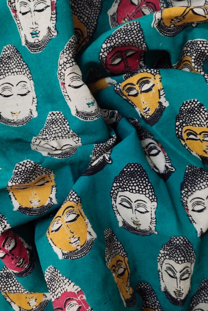 Green Buddha Print Kalamkari Cotton Fabric