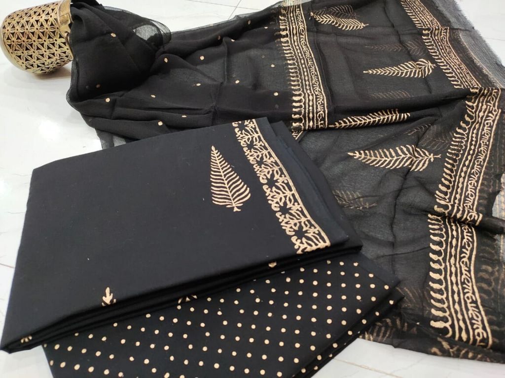 Black Leaf Print Cotton Suit Set with Chiffon Dupatta