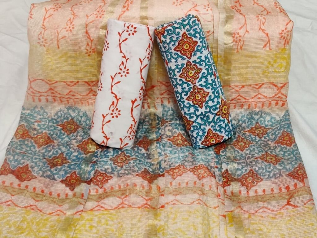 Peach Leaf Print Cotton Unstitched Suit Set with Kota Silk Dupatta