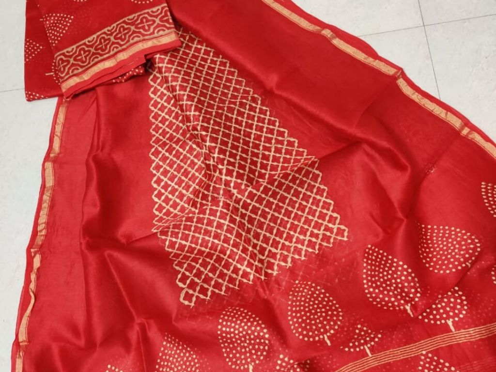 Orange Leaf Print Chanderi Silk Unstitched Suit Set with Chanderi Silk Dupatta
