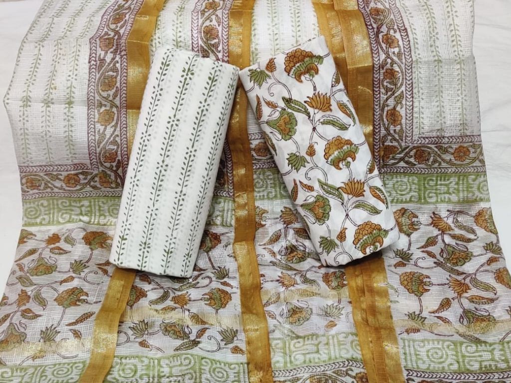 White & Gold Flower Print Cotton Unstitched Suit Set with Kota Silk Dupatta