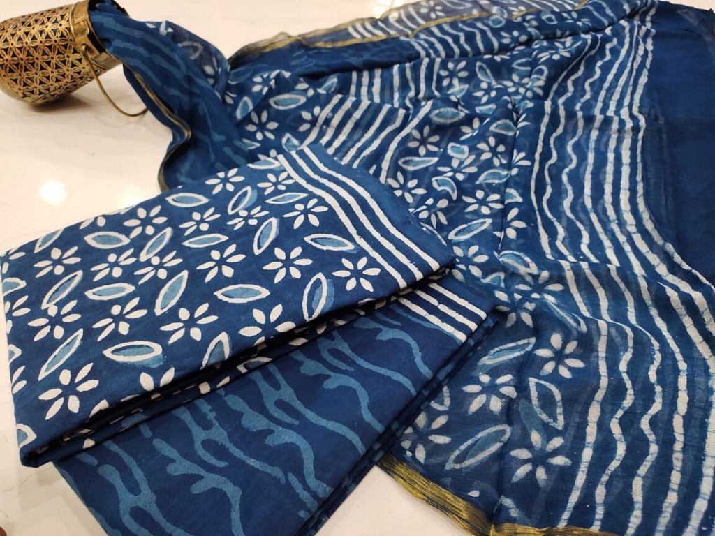 Blue Flower Print Cotton Suit Set with Chiffon Dupatta