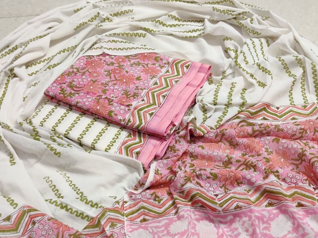 Pink & Green Flower Print Cotton Suit Set with Cotton Duppatta