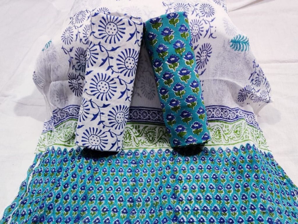 Sky Blue Flower Print Cotton Suit Set with Chiffon Dupatta