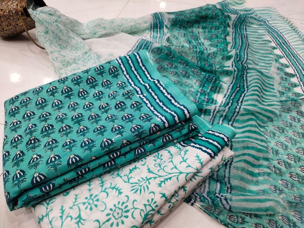 Green Flower Print Cotton Suit Set with Chiffon Dupatta