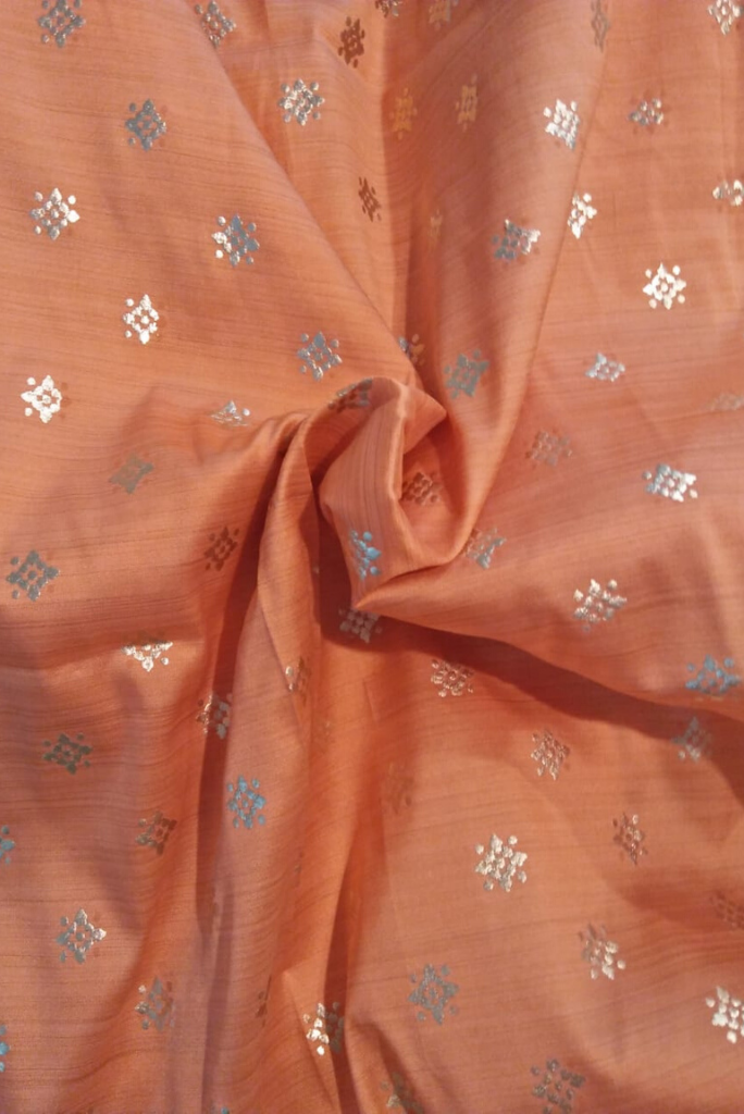 Peach Colour Golden Butti Jaquard Silk Fabric