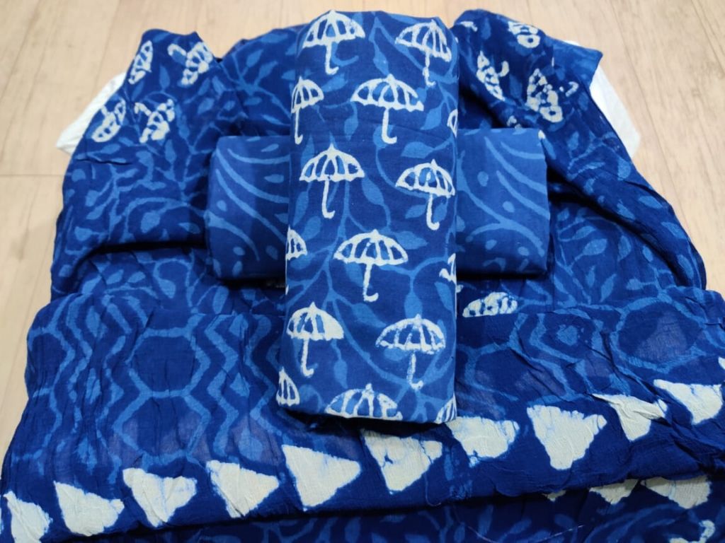 Blue Umbrella Print Cotton Suit Set with Chiffon Dupatta