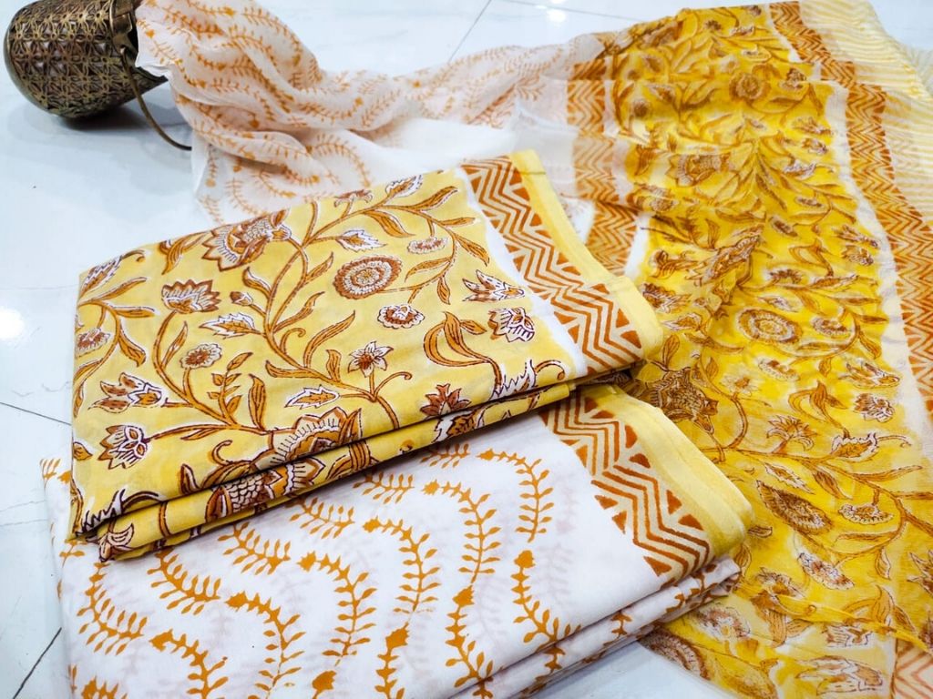 Yellow Flower Print Cotton Suit Set with Chiffon Dupatta