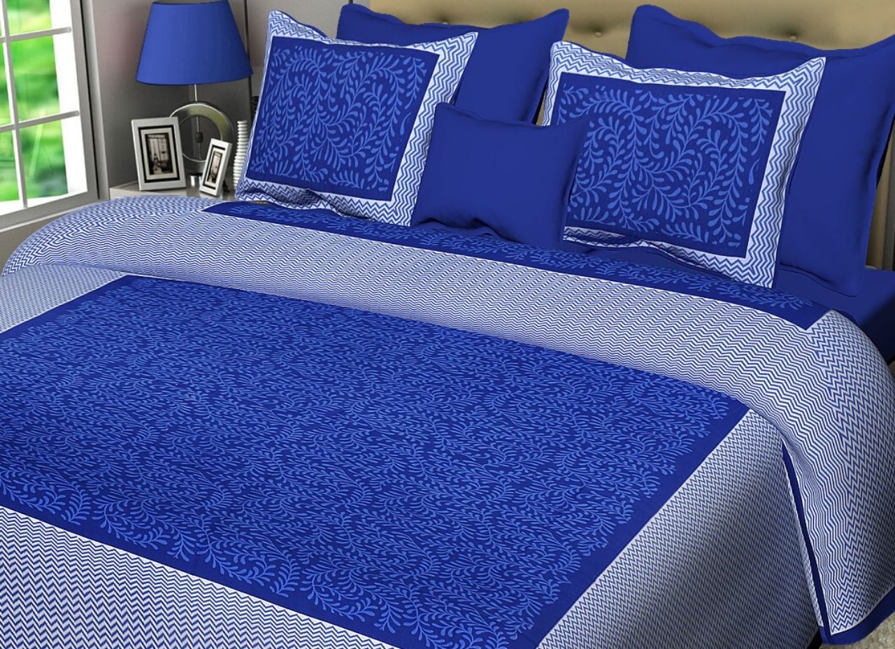 Blue Leaf Print King Size Cotton Bed Sheet