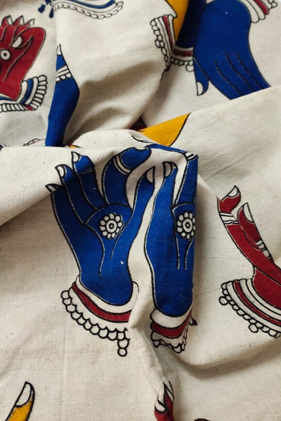 Creme Hand Print Kalamkari Cotton Fabric