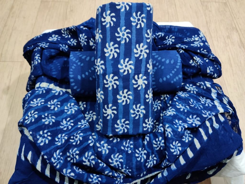 Blue Flower Print Cotton Suit Set with Chiffon Dupatta