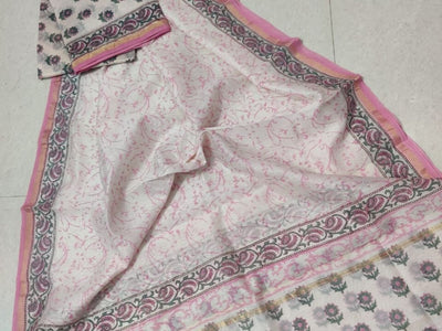 Light Pink Flower Print Chanderi Silk Unstitched Suit Set with Chanderi Silk Dupatta