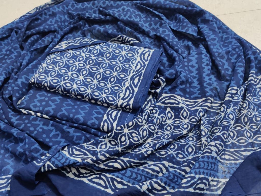 Blue Indigo Printed Cotton Suit Set with Cotton Duppatta