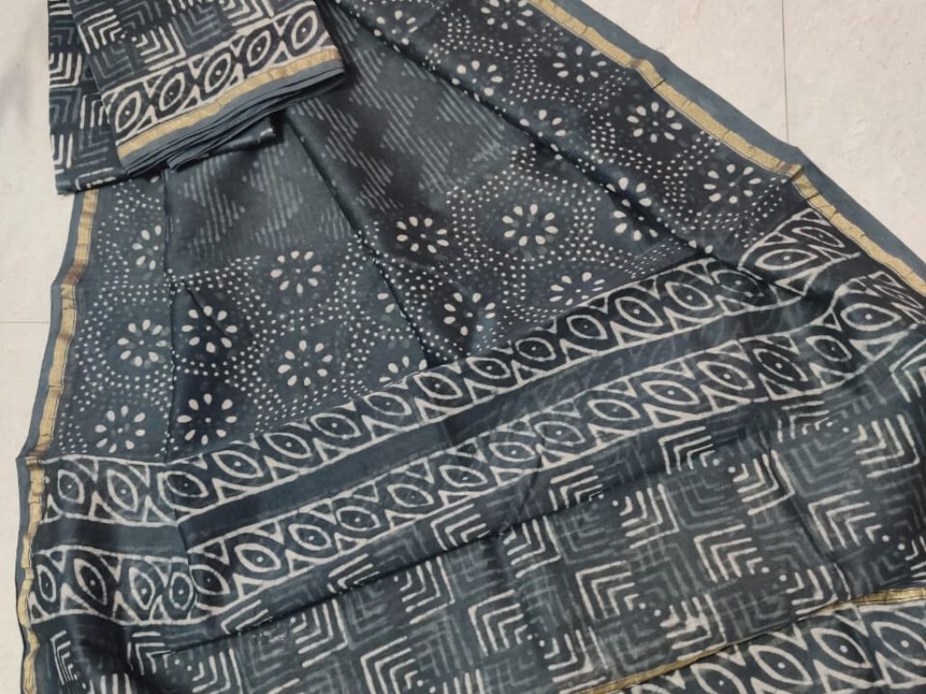 Grey Abstract Print Chanderi Silk Unstitched Suit Set with Chanderi Silk Dupatta