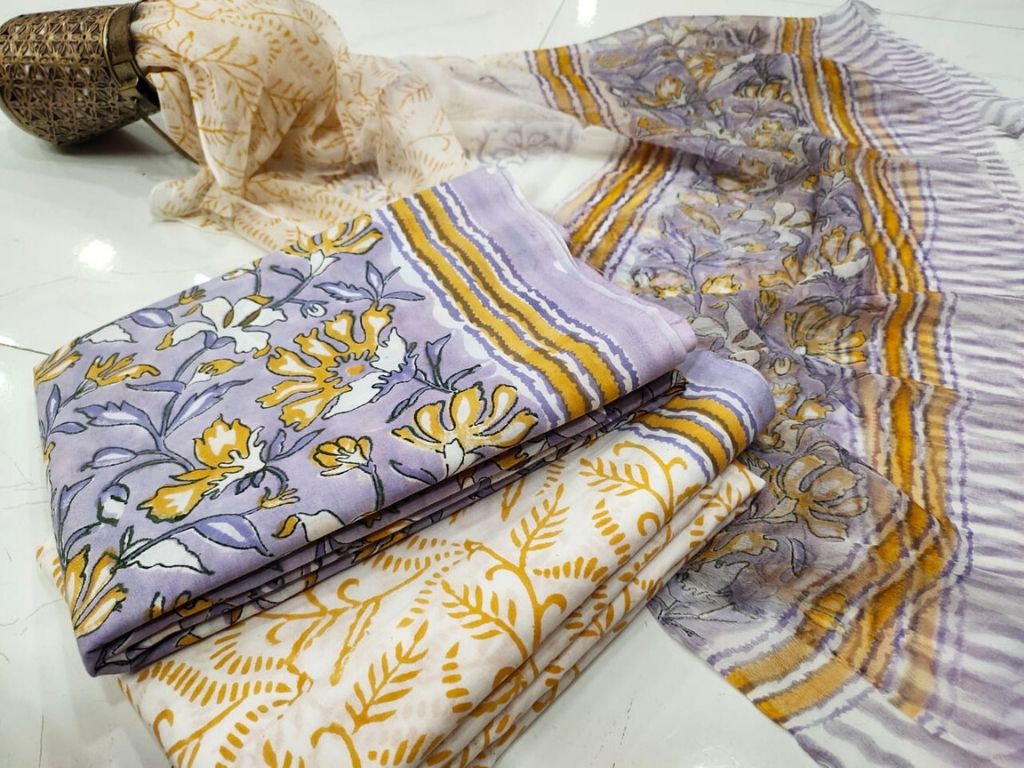 Yellow & Purple Flower Print Cotton Suit Set with Chiffon Dupatta