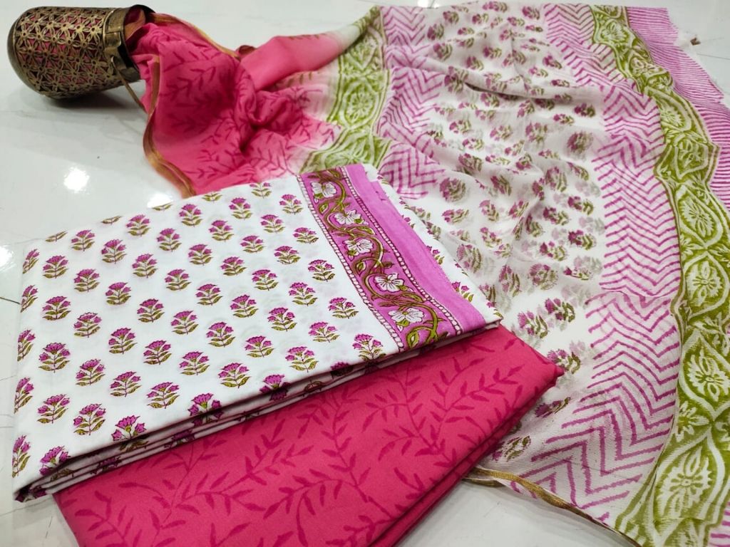Pink Flower Print Cotton Suit Set with Chiffon Dupatta