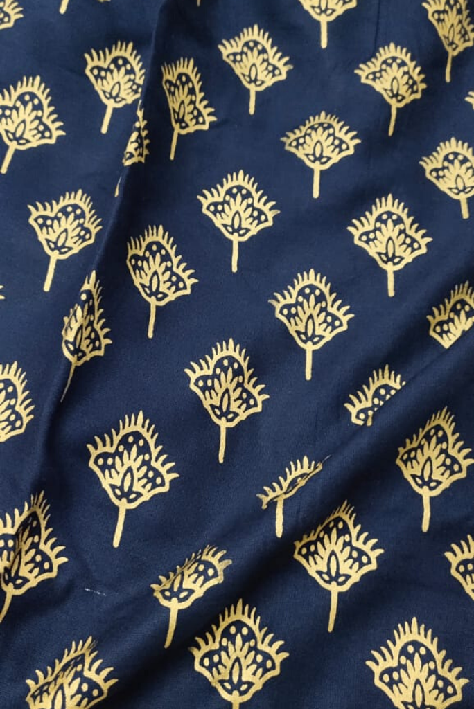 Navy Blue Gold Flower Print Cotton Fabric