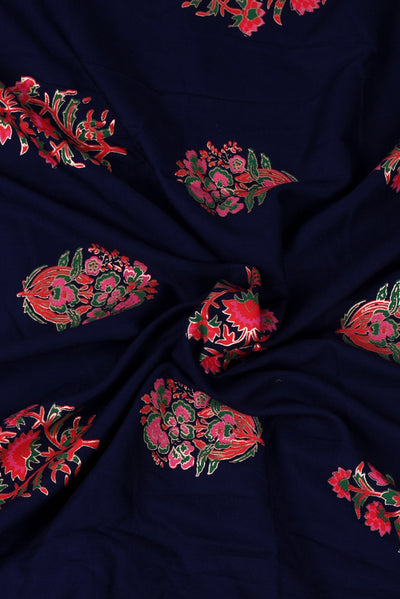 Navy Blue Floral Print Screen Cotton Printed Fabric
