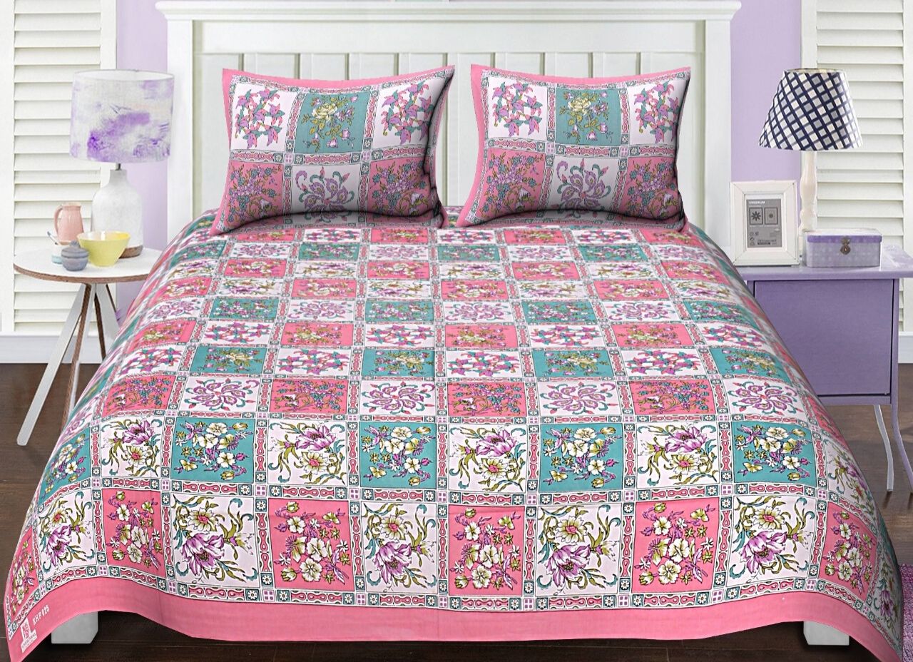 Pink & Green Flower Print King Size Cotton Bed Sheet