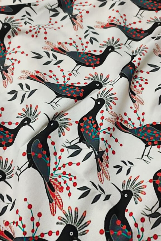 Black Bird Print Digital Crepe Fabric
