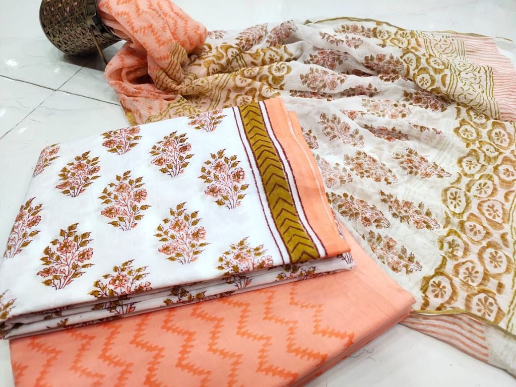 White & Peach Flower Print Cotton Suit Set with Chiffon Dupatta