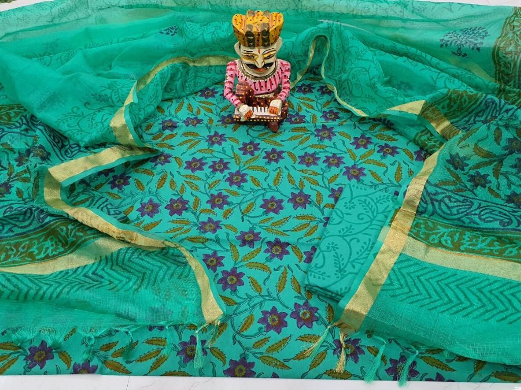 Sea Green Flower Print Cotton Unstitched Suit Set with Kota Silk Dupatta